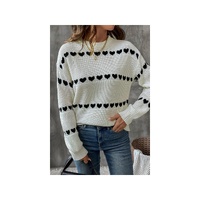 White Contrast Heart Pattern Crew Neck Sweater - L thumbnail