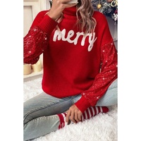 Racing Red Merry Graphic Sequin Sleeves Christmas Turtleneck Sweater - M thumbnail
