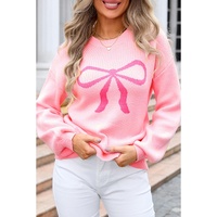 Pink Bow Graphic Drop Shoulder Round Neck Sweater - M thumbnail