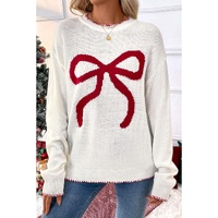 White Bow Pattern Contrast Trim Christmas Loose Graphic Sweater - S thumbnail