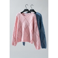 Light Pink Hollowed Rhombus Pattern Sequin Detail Round Neck Sweater - L thumbnail