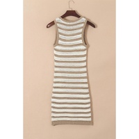 Khaki Stripe Hollowed Knit Sleeveless Sweater Dress - M thumbnail