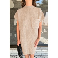 Oatmeal Patch Pocket Ribbed Knit Short Sleeve Sweater Dress - L thumbnail