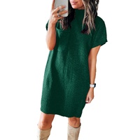 Blackish Green Patch Pocket Ribbed Knit Short Sleeve Sweater Dress - M thumbnail