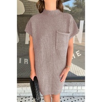 Simply Taupe Patch Pocket Ribbed Knit Short Sleeve Sweater Dress - L thumbnail
