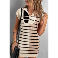 Khaki Stripe Color Block Quarter Zip Collar Short Sleeve Sweater Dress - XL thumbnail