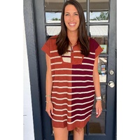 Brown Stripe Color Block Quarter Zip Collar Short Sleeve Sweater Dress - L thumbnail