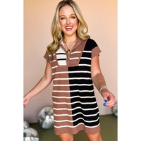 Black Stripe Color Block Quarter Zip Collar Short Sleeve Sweater Dress - M thumbnail