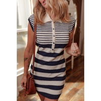 Black Mixed Striped Print Half Placket Collared Cap Sleeve Bodycon Sweater Dress - L thumbnail