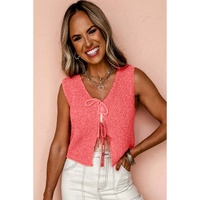 Tomato Red Lace-up Front V Neck Sweater Vest - L thumbnail