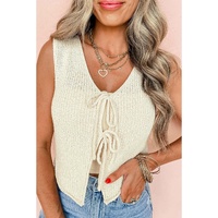 Beige Lace-up Front V Neck Sweater Vest - M thumbnail