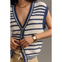Blue Stripe Loose Buttoned V Neck Sweater Vest - L thumbnail