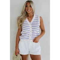 Sky Blue Stripe V Neck Gold Buttons Elegant Sweater Vest - XL thumbnail