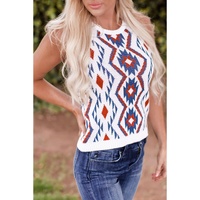 White Aztec Geometric Print Knitted Tank Top - M thumbnail