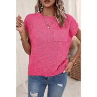 Bright Pink Lattice Textured Knit Short Sleeve Sweater - L thumbnail