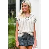 White Contrast Trim V Neck Cable Knit Sweater Vest - XL thumbnail