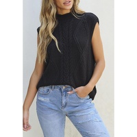 Black Solid Color Cable Knit High Neck Sweater Vest - L thumbnail