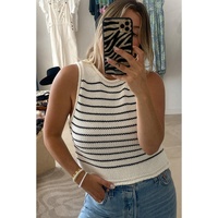 Black Stripe Raw Edge Crew Neck Knitted Vest - L thumbnail