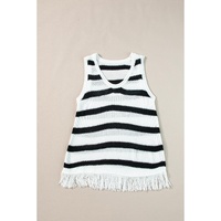 Beige Stripe Loose Knit Fringe Tank Top - L thumbnail