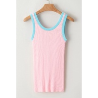 Pink Colorblock Edge Ribbed Knit U Neck Tank Top - L thumbnail