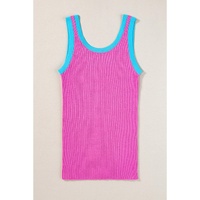 Bright Pink Colorblock Edge Ribbed Knit U Neck Tank Top - M thumbnail