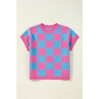 Sachet Pink Colorblock Plaid Pattern Ribbed Trim Sweater Tank Top - XL thumbnail