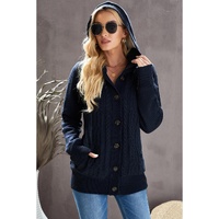 Navy Blue Long Sleeve Button-up Hooded Cardigans - 2XL thumbnail