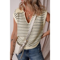 Beige Stripe Turn-down V Neck Sweater Tank Top - M thumbnail