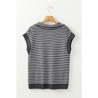 Gray Stripe Collared V Neck Sweater Vest with Pockets - S thumbnail