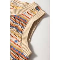 Brown Stripe Eyelet Crochet Round Neck Sweater Vest - S thumbnail