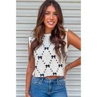 White Bow Pattern Buttoned Side Cropped Sweater Vest - S thumbnail