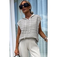 White Stripe Drawstring Hooded Loose Sweater T Shirt - M thumbnail