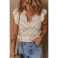 Beige Embroidered Patchwork Hollow Out Knitted Ruffle Sweater Vest - XL thumbnail