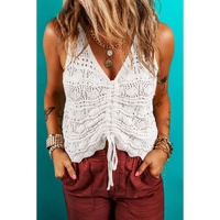 Beige Trendy Hollowed Knit V Neck Drawstring Sweater Vest - M thumbnail