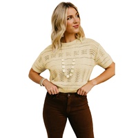 Beige Knitted Hollow out Short Sleeve Crop Sweater - XL thumbnail