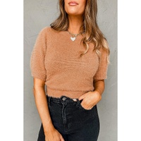 Light French Beige Fuzzy Short Sleeve Sweater - L thumbnail