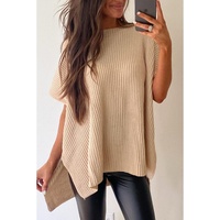 Apricot Short Sleeve Side Slit Oversized Sweater - S thumbnail
