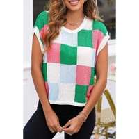 Dark Green Color Block Cap Sleeve Sweater - S thumbnail