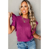 Violet Ruffled Short Sleeve Textured Knit Sweater - M thumbnail