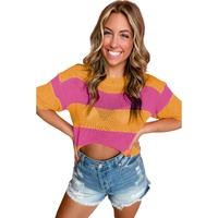 Orange Stripe Color Block Knitted T-shirt Sweater - M thumbnail