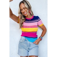 Pink Mixed Stripes Ribbed Knit Top - L thumbnail