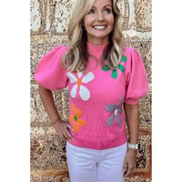 Bright Pink Floral Bubble Short Sleeve Sweater - XL thumbnail