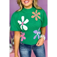 Bright Green Floral Bubble Short Sleeve Sweater - S thumbnail