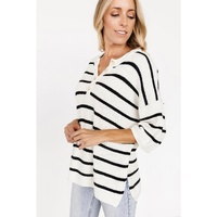 White Stripe Henley Buttoned Placket Drop Shoulder Bracelet Sleeve Knit Sweater Tee - XL thumbnail