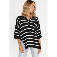 Black Stripe Henley Buttoned Placket Drop Shoulder Bracelet Sleeve Knit Sweater Tee - S thumbnail