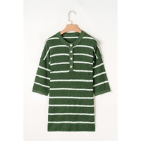 Green Stripe Henley Buttoned Placket Drop Shoulder Bracelet Sleeve Knit Sweater Tee - XL thumbnail