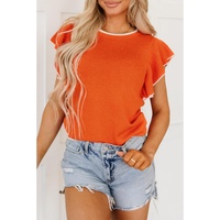 Russet Orange Contrast Trim Ruffle Sleeve Knitted Top - 2XL thumbnail