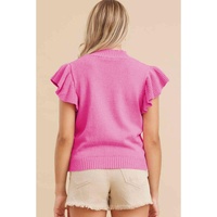 Bonbon Ribbed Mock Neck Ruffled Short Sleeve Sweater - L thumbnail