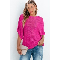 Rose Red Pointelle Knit Scallop Edge Short Sleeve Top - M thumbnail
