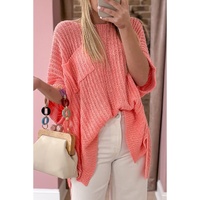 Fresh Salmon Rolled Cuffs Loose Knit Tee with Slits - L thumbnail